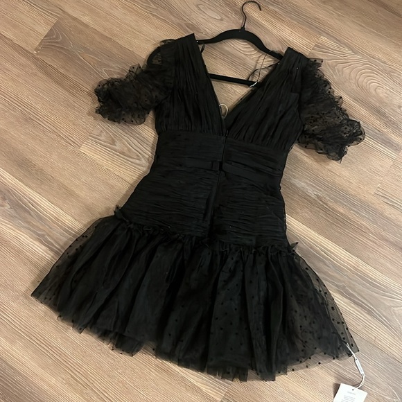 self portrait black dot mesh mini dress Omari Black Chiffon Polka Dot Ruffled Neckline Mini Dress L / US 8-10 main image 0